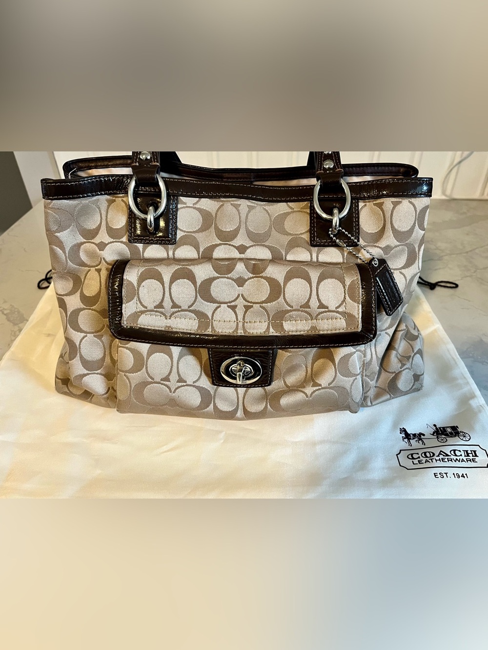 Coach Khaki Signature Jacquard Shoulder Bag - Vintage